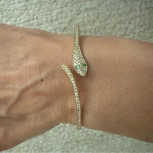 Diamond Pave Snake Bangle 14K Gold Snake Bracelet with emerald eyes